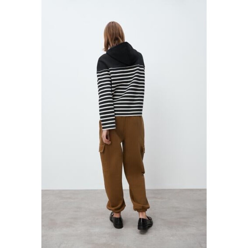 Navy Blue White Striped Zara Half Zip Long Sleeve Hoodie Sweatshirt (NWT) - Picture 5 of 9